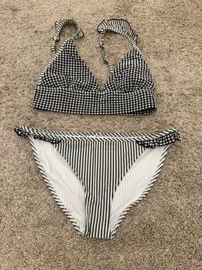 aerie Black and White Striped Bikini Set